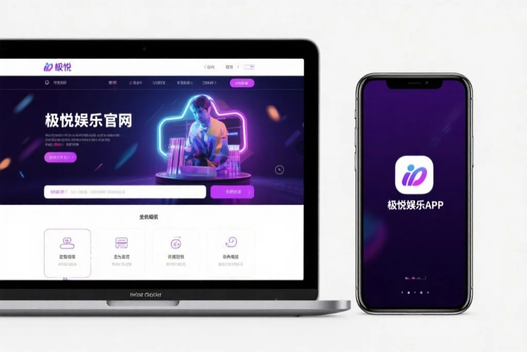 一台笔记本电脑屏幕上显示着喜乐娱乐官网的界面，旁边是一部手机显示着喜乐娱乐APP，两者并列对比